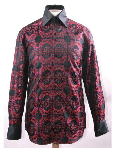 High Collar Fashion Silky Fabric Black/Red Fancy Shirts