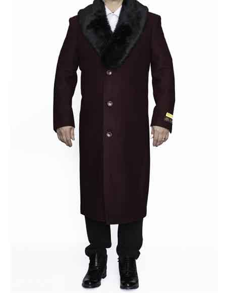 Removable Fur Collar Full Length Wool Dress TopCoat Burgundy