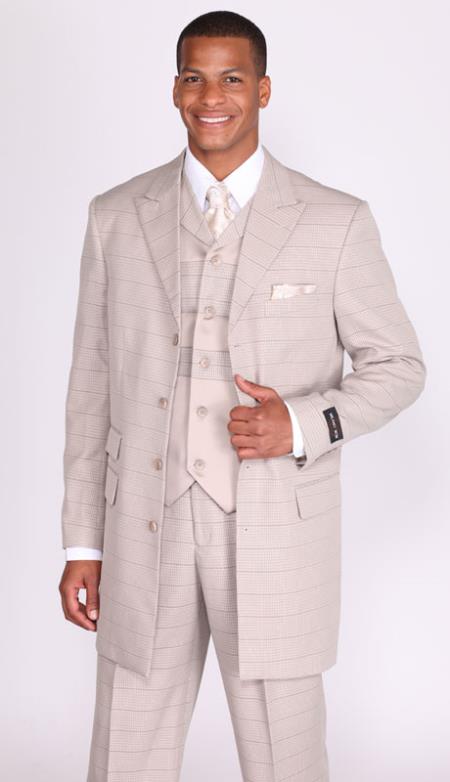 Four buttons 3 Piece 35 Inch Length Church Suit Taupe