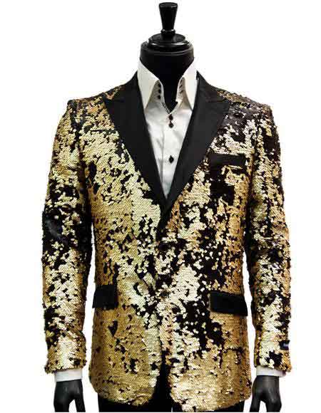 Single Breasted Black Matte Gold Sequin Pattern Blazer