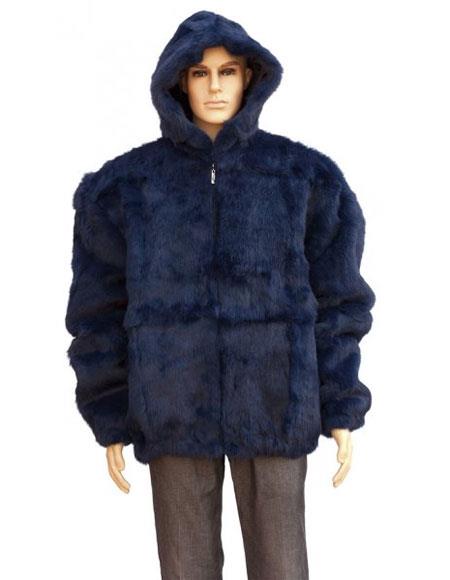 Fur Navy Blue Full Skin Rabbit Pull Up Zipper Jacket