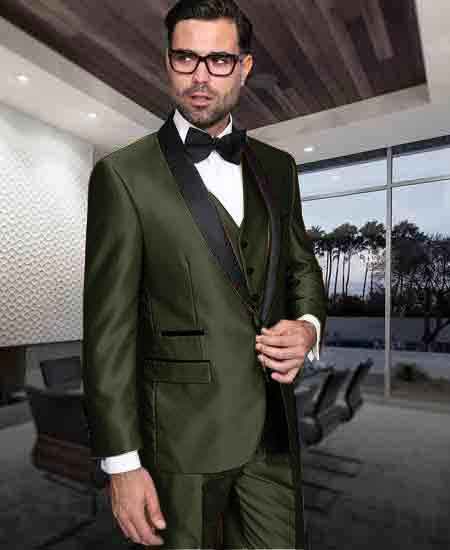 One Button Tuxedo Modern Fit Vested Suit Dark Olive Green