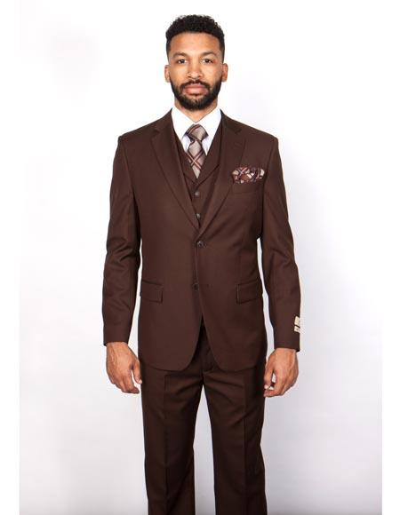 Single Breasted 5 Button Brown Wool Vested Suit