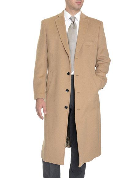Single Breasted Full Length Tan 4 Buttons Wool Overcoat
