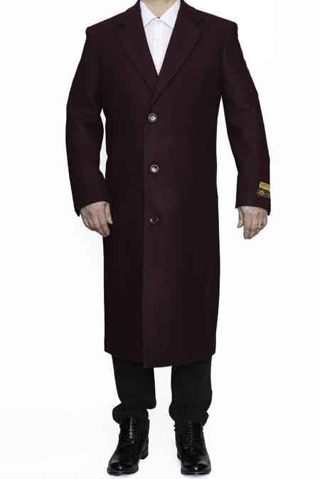 Three Button Full Length Wool Dress Overcoat Burgundy