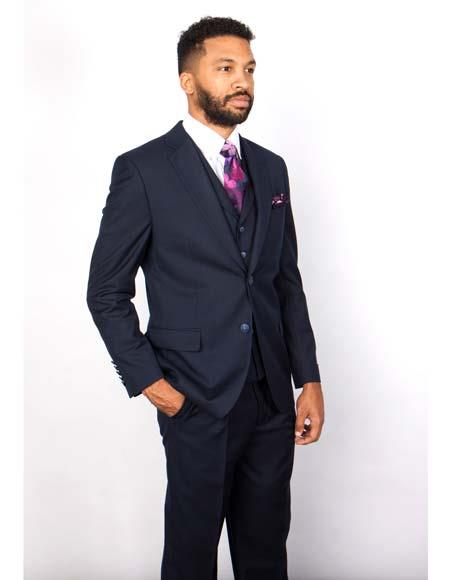Navy 100% Wool 2 Button Single Breasted Vested Suit