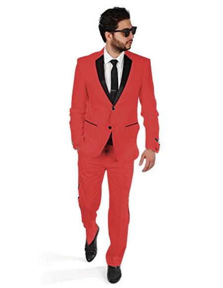 Two Button Single Breasted Red With Black Lapel SlimFit Suit