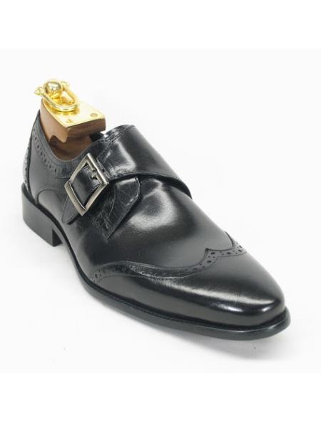 Monk Strap Etching Design Wing Toe Style Fashion Black Shoe