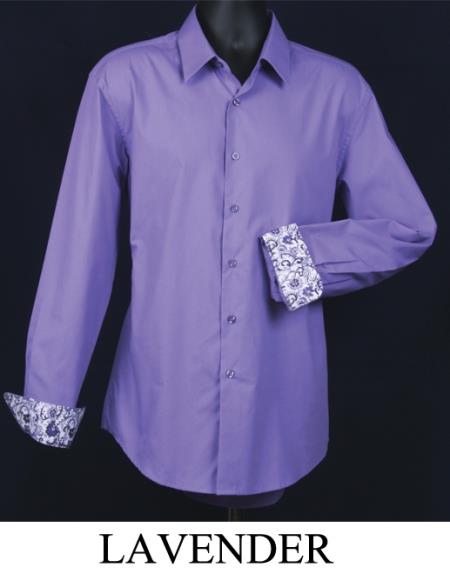 Fancy Slim Fit Dress  Shirt  Cuff  Pattern  Lavender