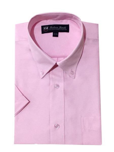 Pink Short Sleeve Cotton Blend Button Down Shirts