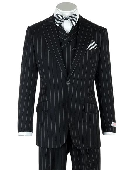 1920s Mens Black Chalk Pinstripe Vest Wool Fabric