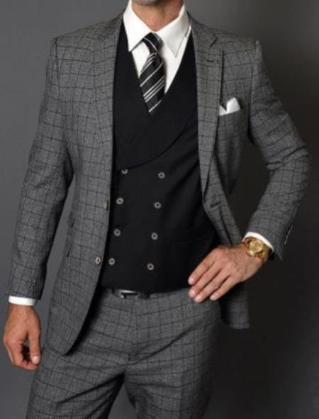 dark grey suit with black vest