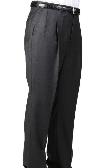 Mens Charcoal Double Pleated Wool Dress Pants