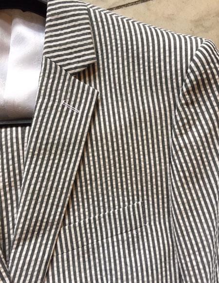 Cotton Blend Seersucker Black/white Striped Suit Front Pants