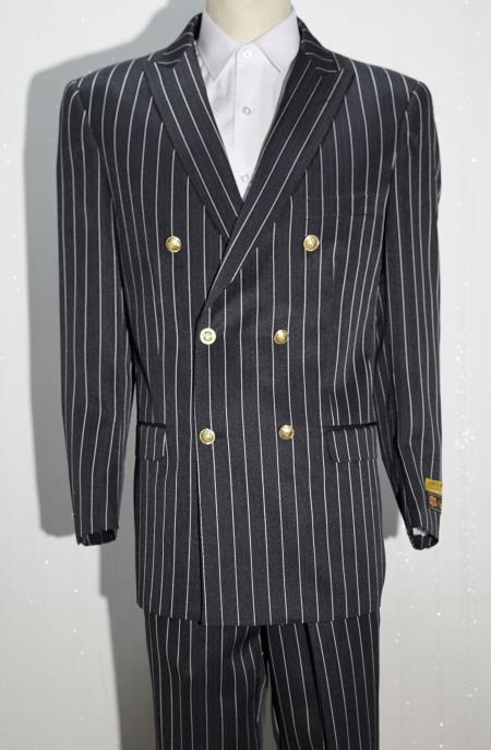Mens Double Breasted Chalk Pinstripe Striped Gangster Suit